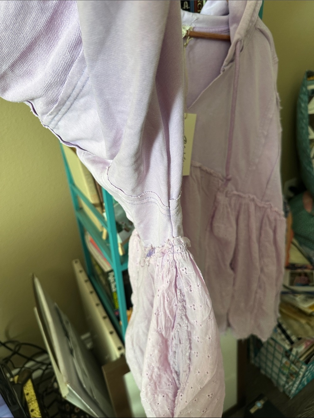 Light Lavender Hooded Pullover with Eyelet and Lightweight Cotton Tier Raw Seams - Picture 12 of 17